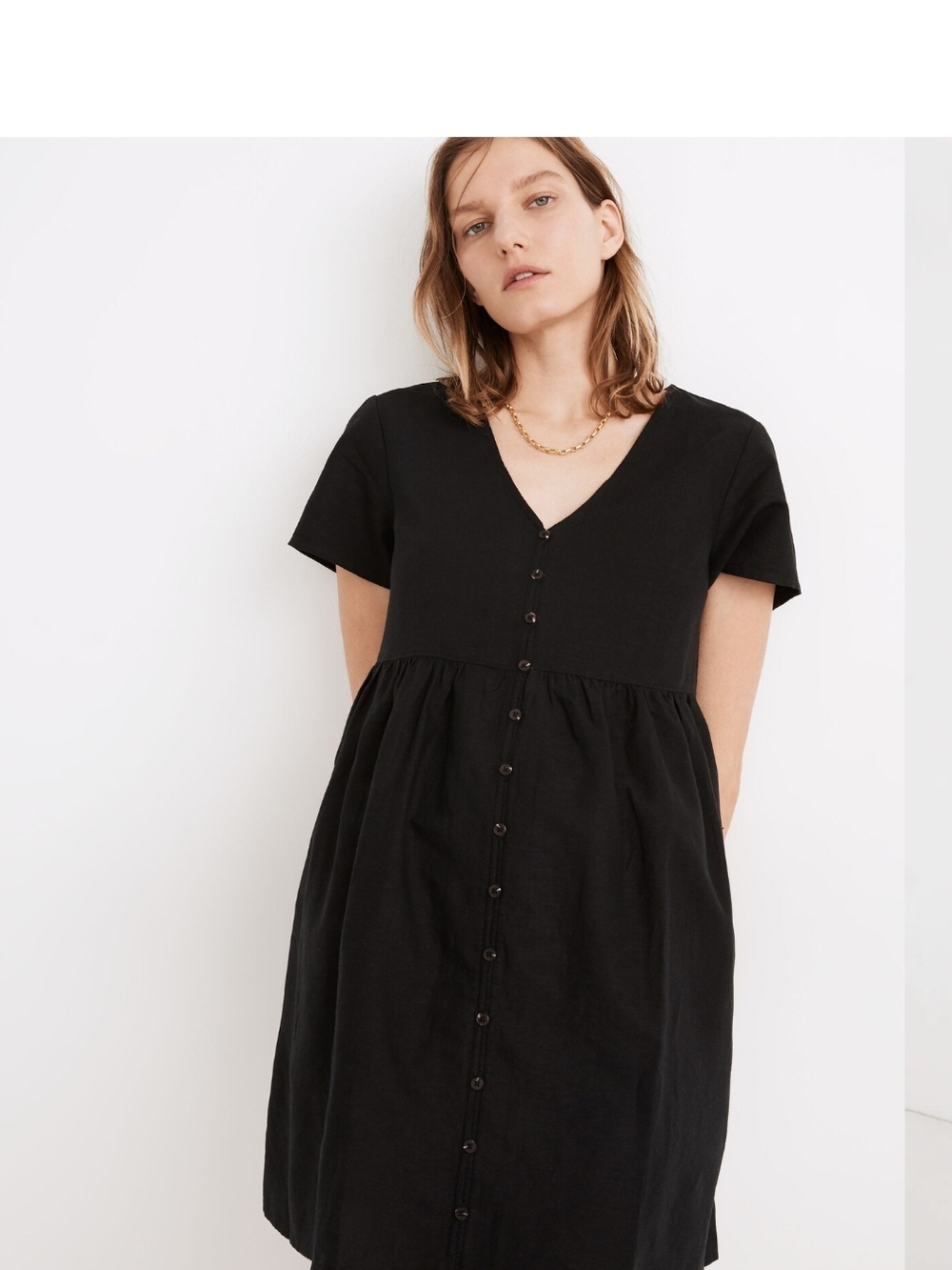 Madewell Black V-Neck Button-Front Dress In Linen Blend